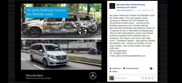 Zerstörungswut G20-Gipfel: Mercedes-Niederlassung Hamburg hilft Opfern: Hilfe für Vandalismus-Opfer: MB Niederlassung Hamburg stellt Ersatzfahrzeuge gratis zur Verfügung 