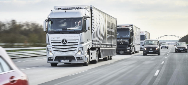 Autonome Trucks: Drei autonom fahrende und vernetzte Mercedes-Benz Lkw fahren im Verbund von Stuttgart nach Rotterdam: Mercedes-Benz Lkw vernetzen sich über WLAN zum automatisierten Dreier-Verbund mit Highway Pilot Connect