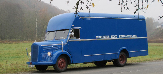 Mercedes-Benz LKW-Rarität auf Reisen: Renntransporter 0 3500 auf dem Weg zur Inspektion