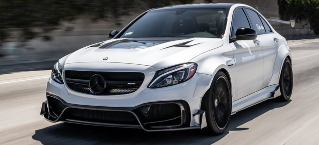 Kraft & Protz: Mercedes-AMG C63 mit extremer Optik: Das perlt schön stark: C63 mit Breitbau-Kit und Folierung in Satin Pearl White