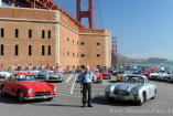 SL Reunion vor der Golden Gate Bridge: Wie vor 50 Jahren:  Für ein legendäres Gruppenbild vor der berühmten Golden Gate Bridge versammelten sich über 100 Mercedes SL 

