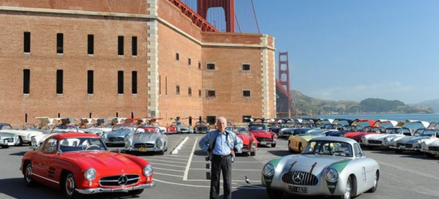 SL Reunion vor der Golden Gate Bridge: Wie vor 50 Jahren: Für ein legendäres Gruppenbild vor der berühmten Golden Gate Bridge versammelten sich über 100 Mercedes SL