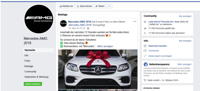Achtung Mercedes-Fans: Warnung vor falschem AMG-Gewinnspiel: Fake auf Facebook: Stopp, hier kann man keine 8 Mercedes-C-Klassen gewinnen!