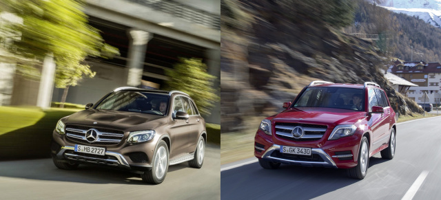 GLC vs. GLK: Wo  liegt der Klassenunterschied?: Die zweite Generation des Mercedes-Mittelklasse-SUV präsentiert sich größer in Form 