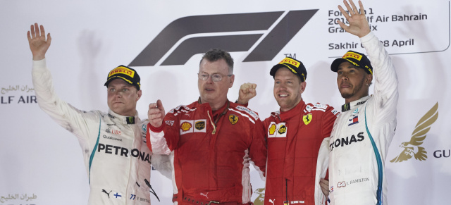Großer Preis von Bahrain: 2:0 für die Roten: Sebastian Vettel rettet sich knapp vor Bottas Mercedes-Silberpfeil ins Ziel.