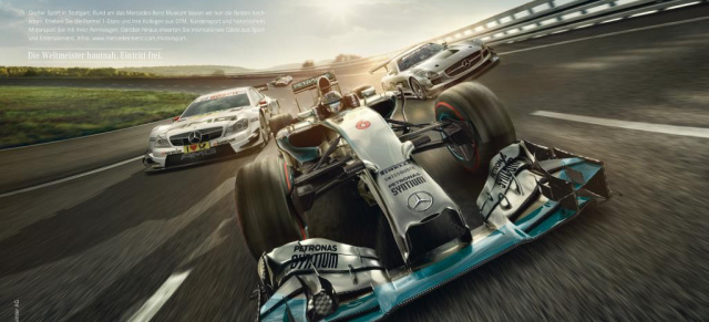 29. November: Stars & Cars, Stuttgart: Silberpfeil-Werksteam MERCEDES AMG PETRONAS kommt als Formel 1 Konstrukteurs-Weltmeister 2014 nach Stuttgart
Mit dabei: Lewis Hamilton & Nico Rosberg sowie alle sieben Mercedes-Benz DTM-Fahrer