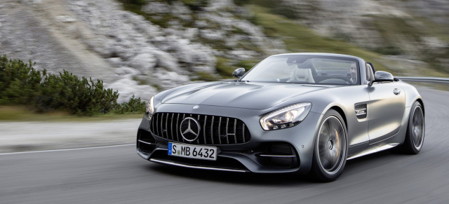 Premiere in Paris: Mercedes-AMG GT / GT C  Roadster : Frische AMG-GT-Offenbarung: Der GT-Roadster startet als doppeltes Flottchen durch