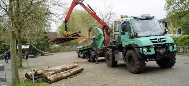 Unimog at work: Ein Unimog U 530 sorgt für Kleinholz im Forst