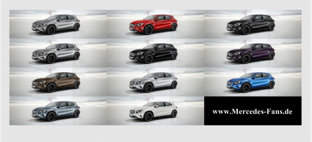 Elf yourself: Die 11 Farben des neuen Mercedes GLA: Auf einen Blick: Die Karosseriefarben des Mercedes Kompakt SUV - Welche Farbe wäre Ihre Wahl?
