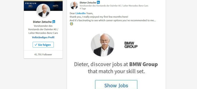 LOL: Lachafter Karrieretipp für Dr. Zetsche von LinkedIn: Lustig: LinkedIn, das weltweit größte Businessnetzwerk, schlägt Daimler-Chef Zetsche Jobs bei BMW vor 