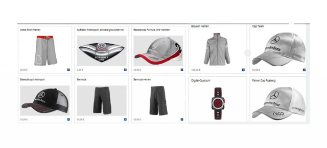 Mercedes GP-Fan-Bekleidung: Alles, was den Mercedes Formel 1 Fan anzieht: Der Accessoires-Online-Shop von Mercedes Benz bietet die Formel 1 Kollektion und andere Artikel mit Stern für den Motorsportfan an 