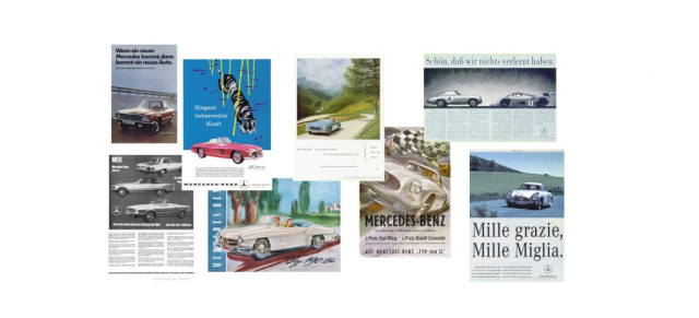 Klassische Werbung für den Mercedes-Benz SL: Jeder SL ist ein Klassiker - 
Werbung mit historischen Fahrzeugen